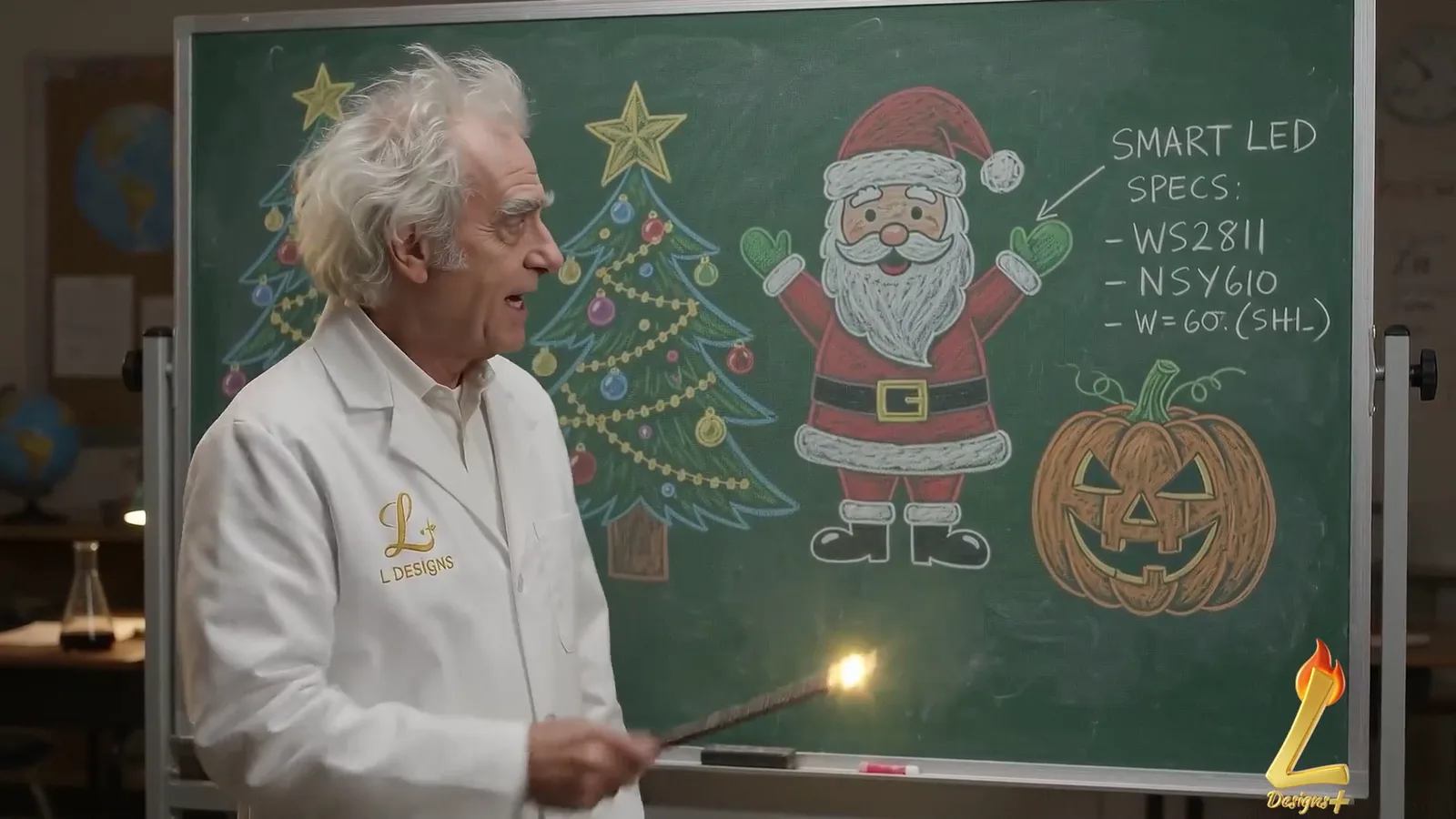 The Professor explains smart-LED props at the chalkboard &mdash; a Dante Ludovici film